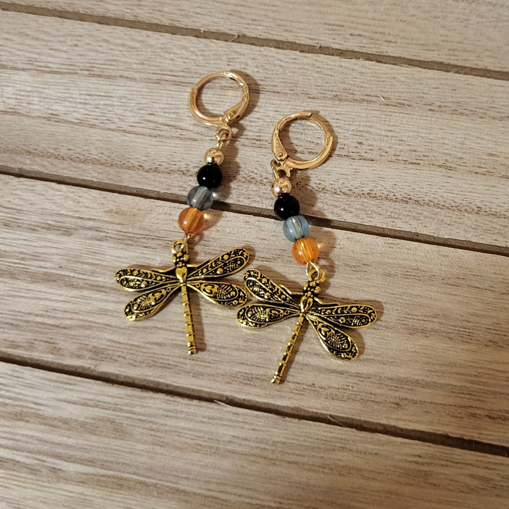 Gold Tone Dragonfly Dangle Earrings with Colorful Acrylic Beads